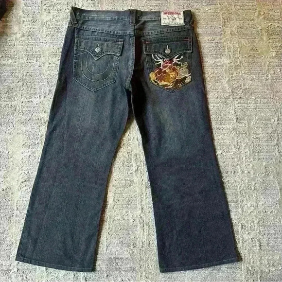 True Religion Rare‎ Embroidered Hindu God Billy Vintage Wide Leg Jeans 36x28 - Picture 4 of 12